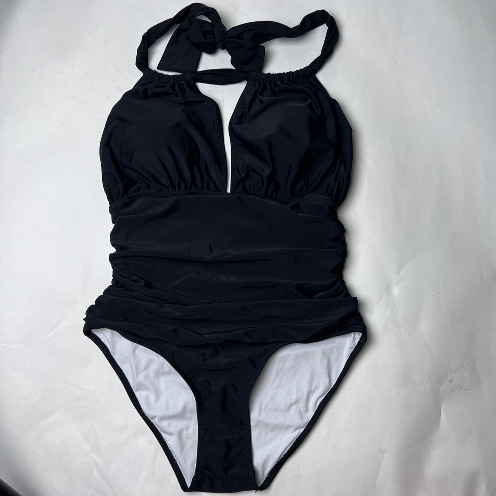 NWT-Cupshe One Piece Black Halter High Waist Deep-V Rouching w/ Pads